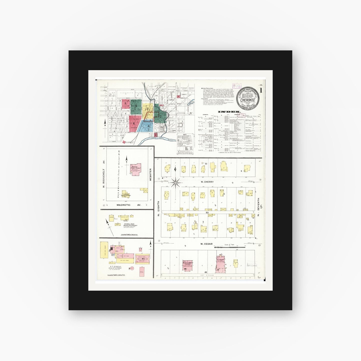 Old map wall art mockup — black gallery frame with white mat — Sanborn Fire Insurance Map from Cherokee, Cherokee County, Iowa (1909) â€” Complete Set