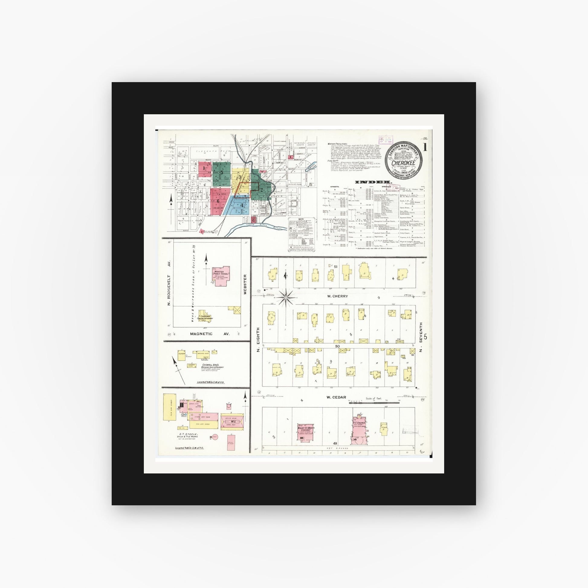 Old map wall art mockup — black gallery frame with white mat — Sanborn Fire Insurance Map from Cherokee, Cherokee County, Iowa (1909) â€” Complete Set