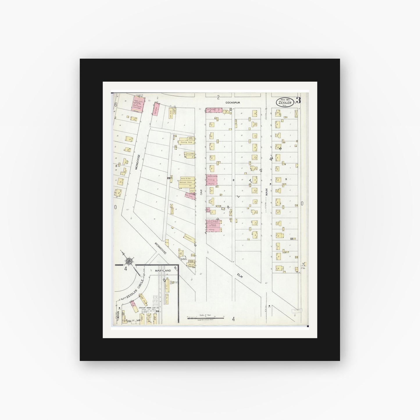 Old map wall art mockup — black gallery frame with white mat — Sanborn Fire Insurance Map from Zeigler, Franklin County, Illinois (1921), Sheet #0003