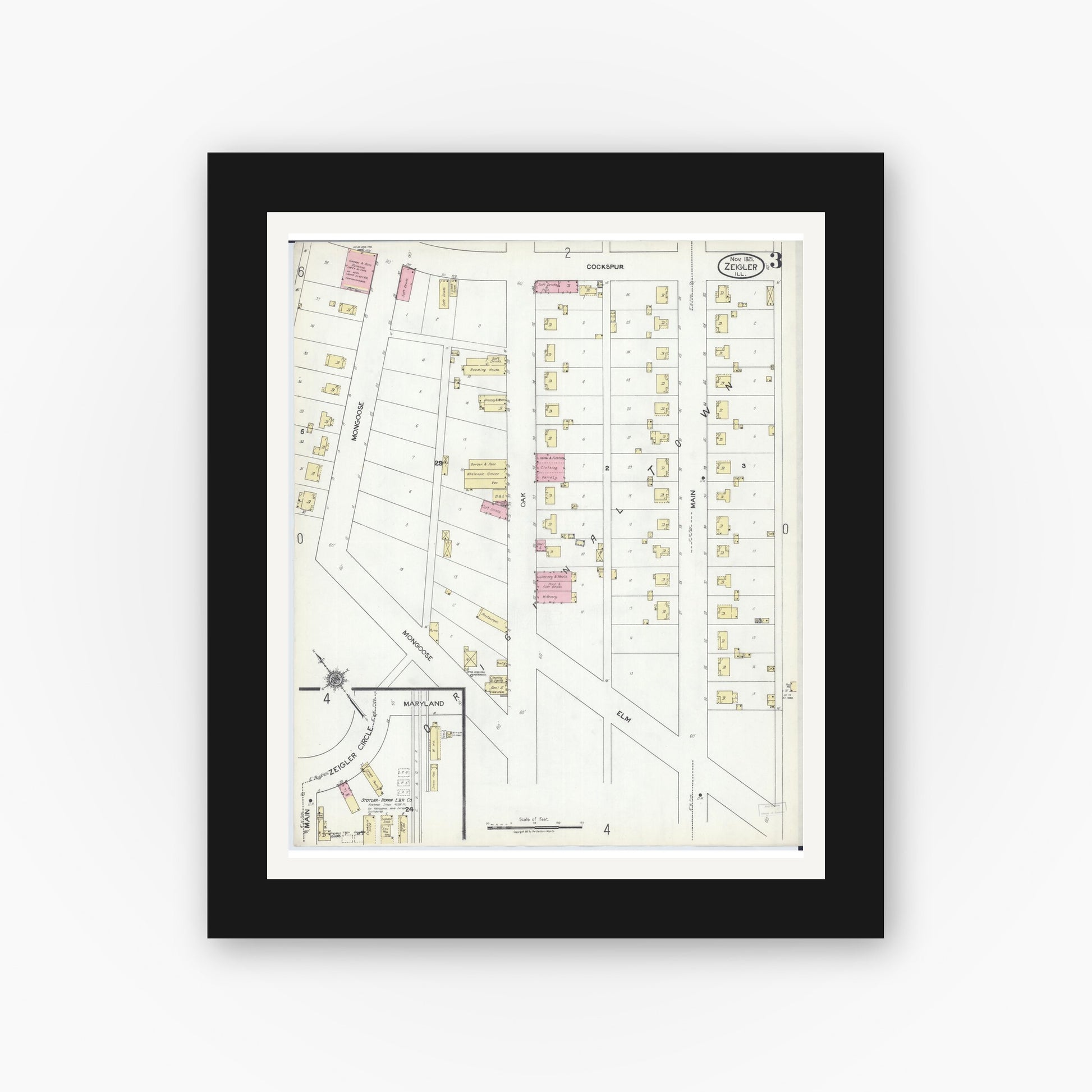 Old map wall art mockup — black gallery frame with white mat — Sanborn Fire Insurance Map from Zeigler, Franklin County, Illinois (1921), Sheet #0003