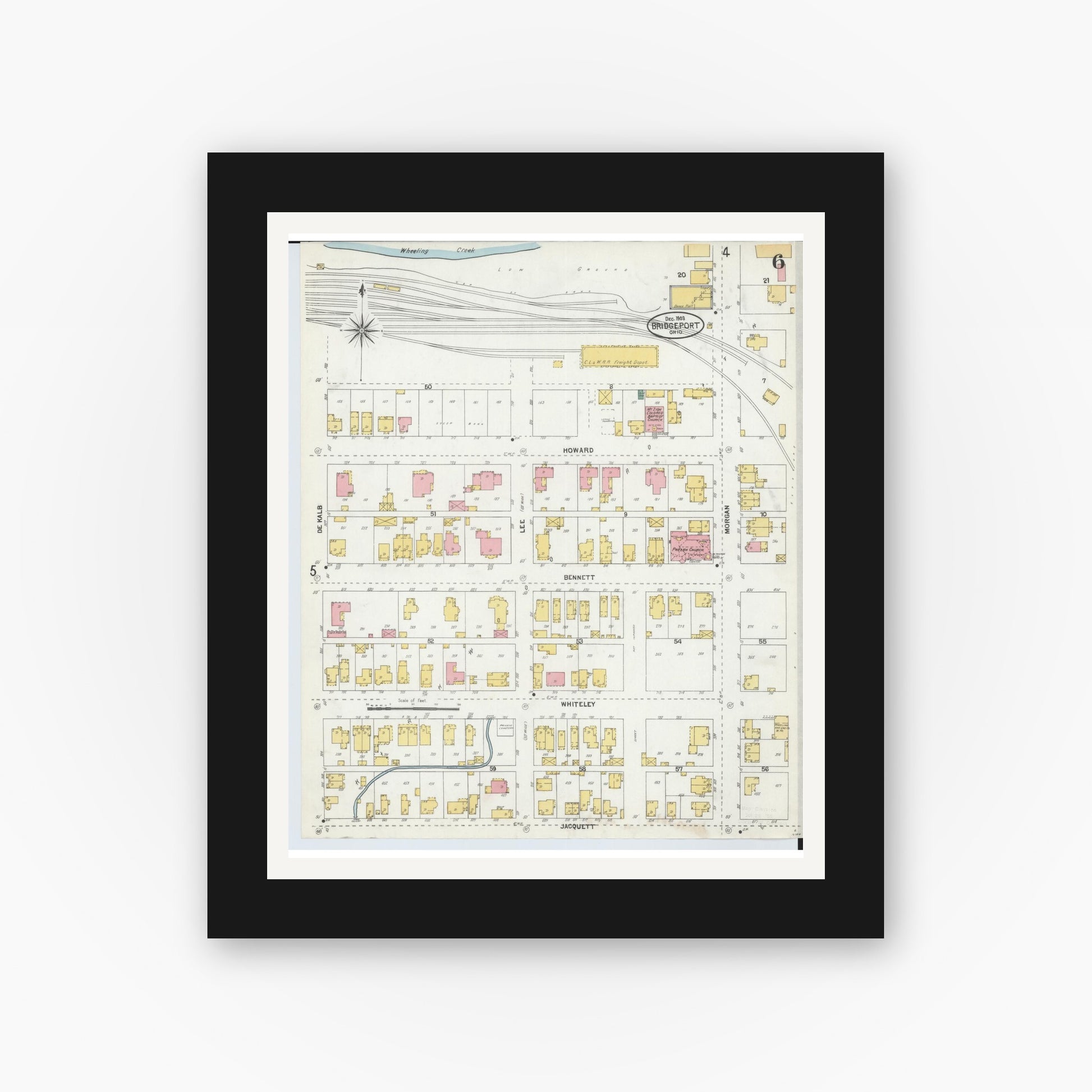 Old map wall art mockup — black gallery frame with white mat — Sanborn Fire Insurance Map from Bridgeport, Belmont County, Ohio (1903), Sheet #0006
