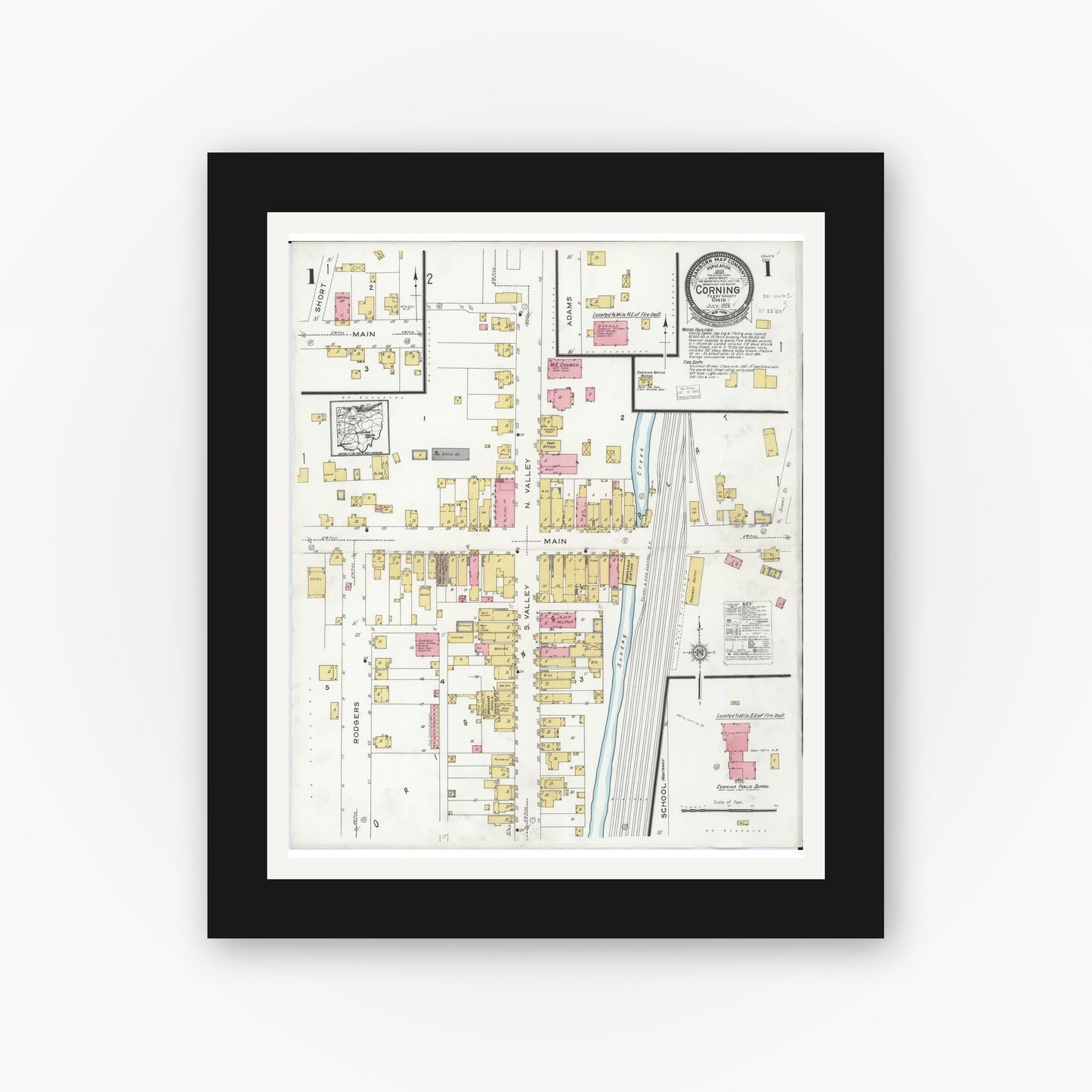 Old map wall art mockup — black gallery frame with white mat — Sanborn Fire Insurance Map from Corning, Perry County, Ohio (1926) - Complete Map Set