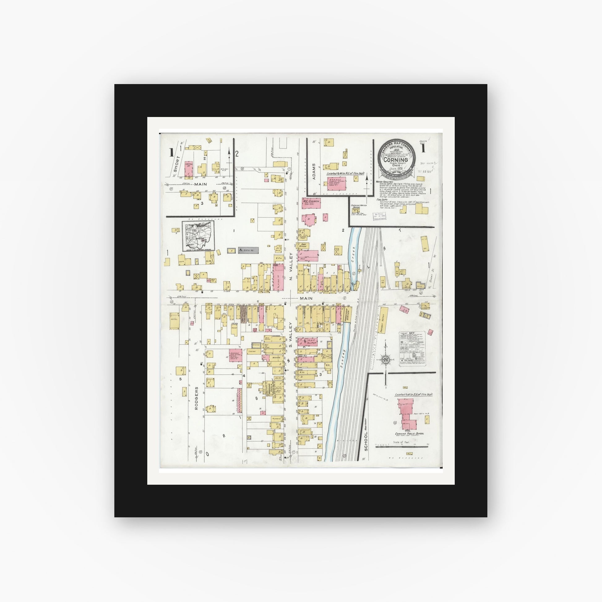 Old map wall art mockup — black gallery frame with white mat — Sanborn Fire Insurance Map from Corning, Perry County, Ohio (1926) - Complete Map Set