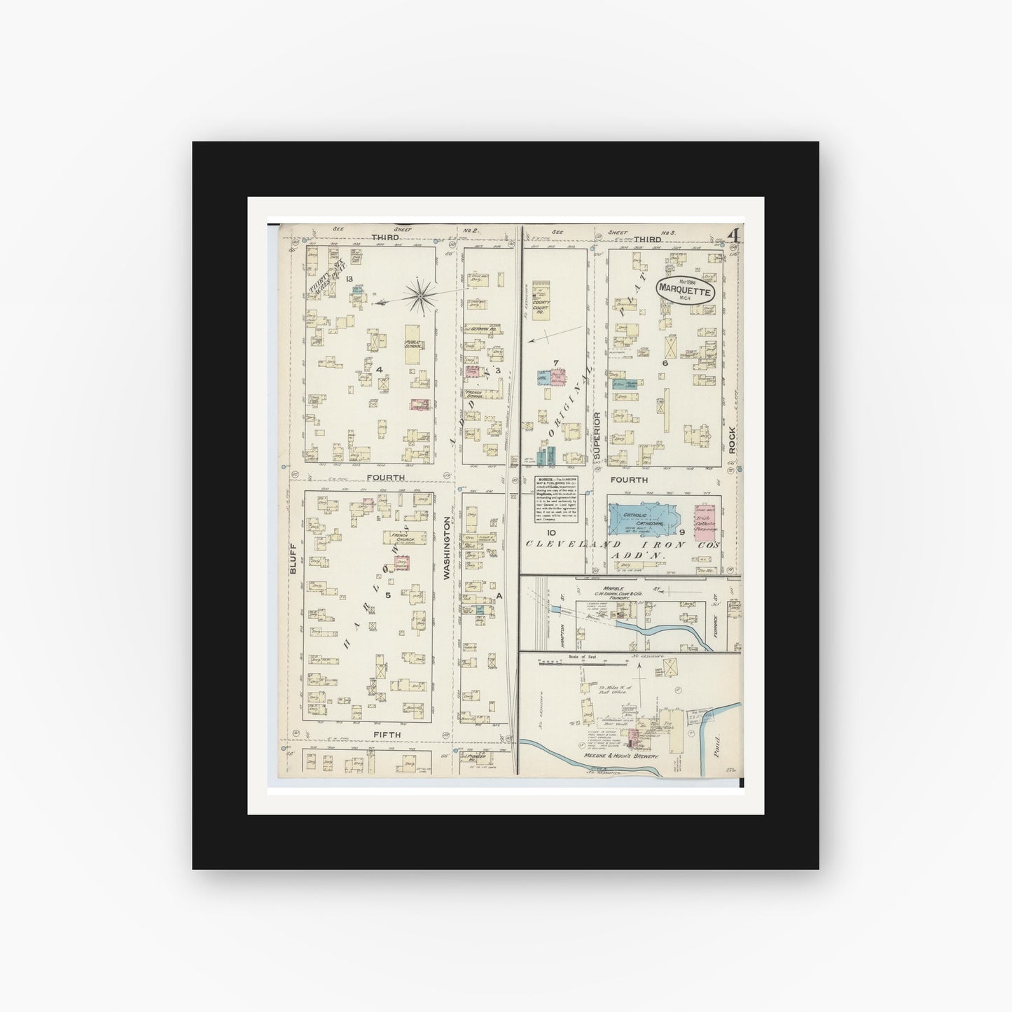 Old map wall art mockup — black gallery frame with white mat — Sanborn Fire Insurance Map from Marquette, Marquette County, Michigan (1884), Sheet #0004