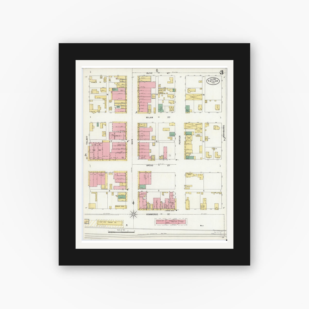 Old map wall art mockup — black gallery frame with white mat — Sanborn Fire Insurance Map from Taylor, Williamson County, Texas (1898), Sheet #0003