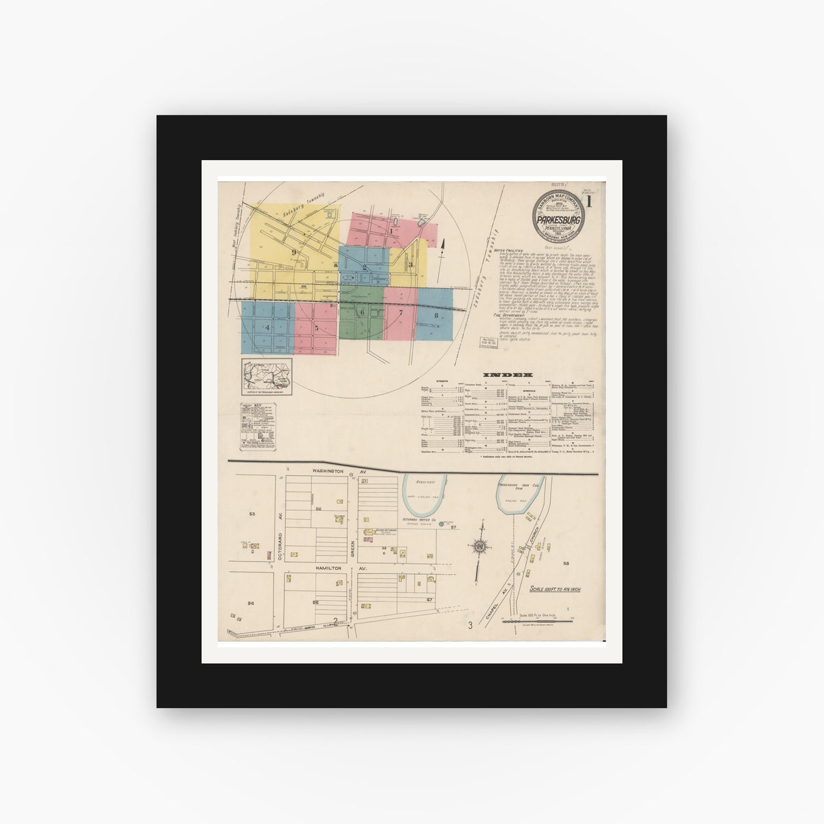 Old map wall art mockup — black gallery frame with white mat — Sanborn Fire Insurance Map from Parkesburg, Chester County, Pennsylvania (1921) - Complete Map Set