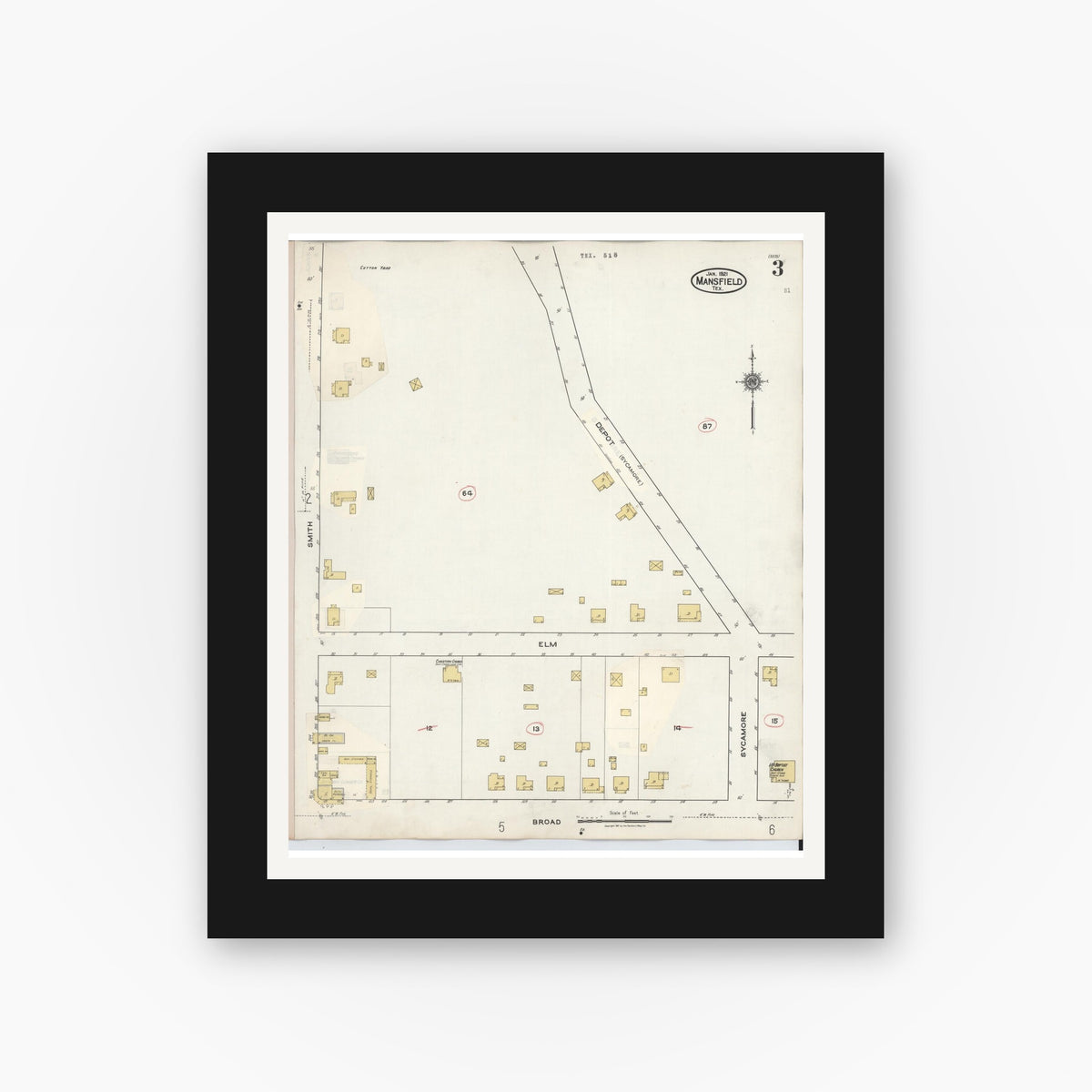 Old map wall art mockup — black gallery frame with white mat — Sanborn Fire Insurance Map from Mansfield, Tarrant County, Texas (1933), Sheet #0003