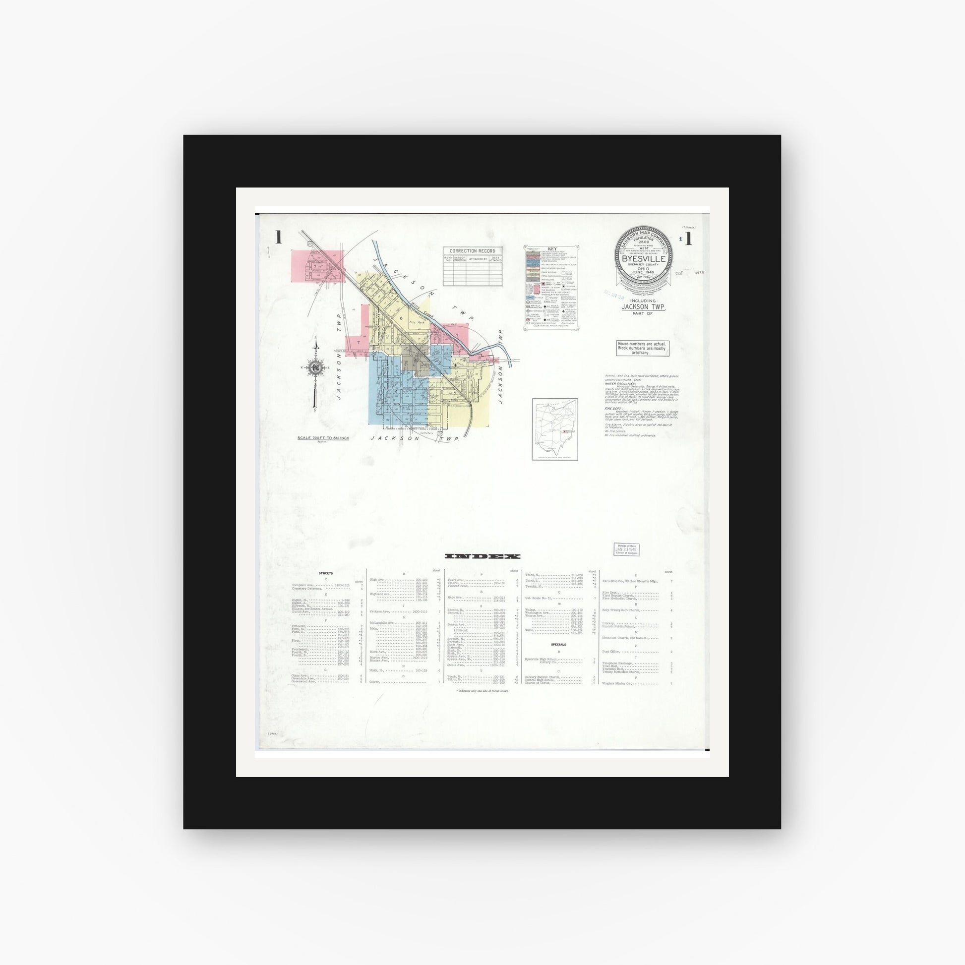 Old map wall art mockup — black gallery frame with white mat — Sanborn Fire Insurance Map from Byesville, Guernsey County, Ohio (1948), Sheet #0001