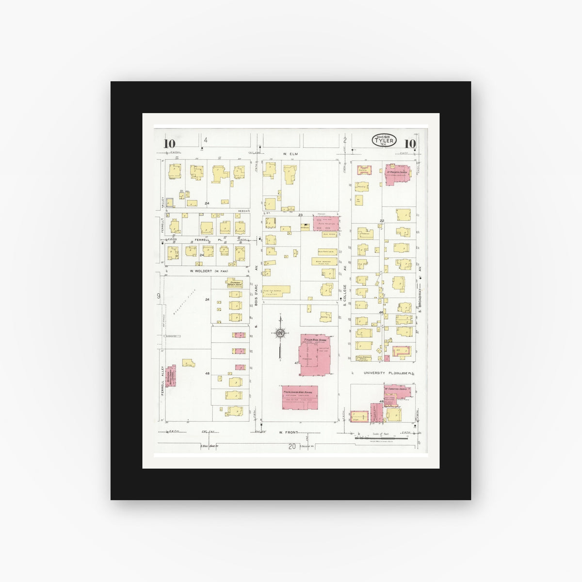 Old map wall art mockup — black gallery frame with white mat — Sanborn Fire Insurance Map from Tyler, Smith County, Texas (1928), Sheet #0010