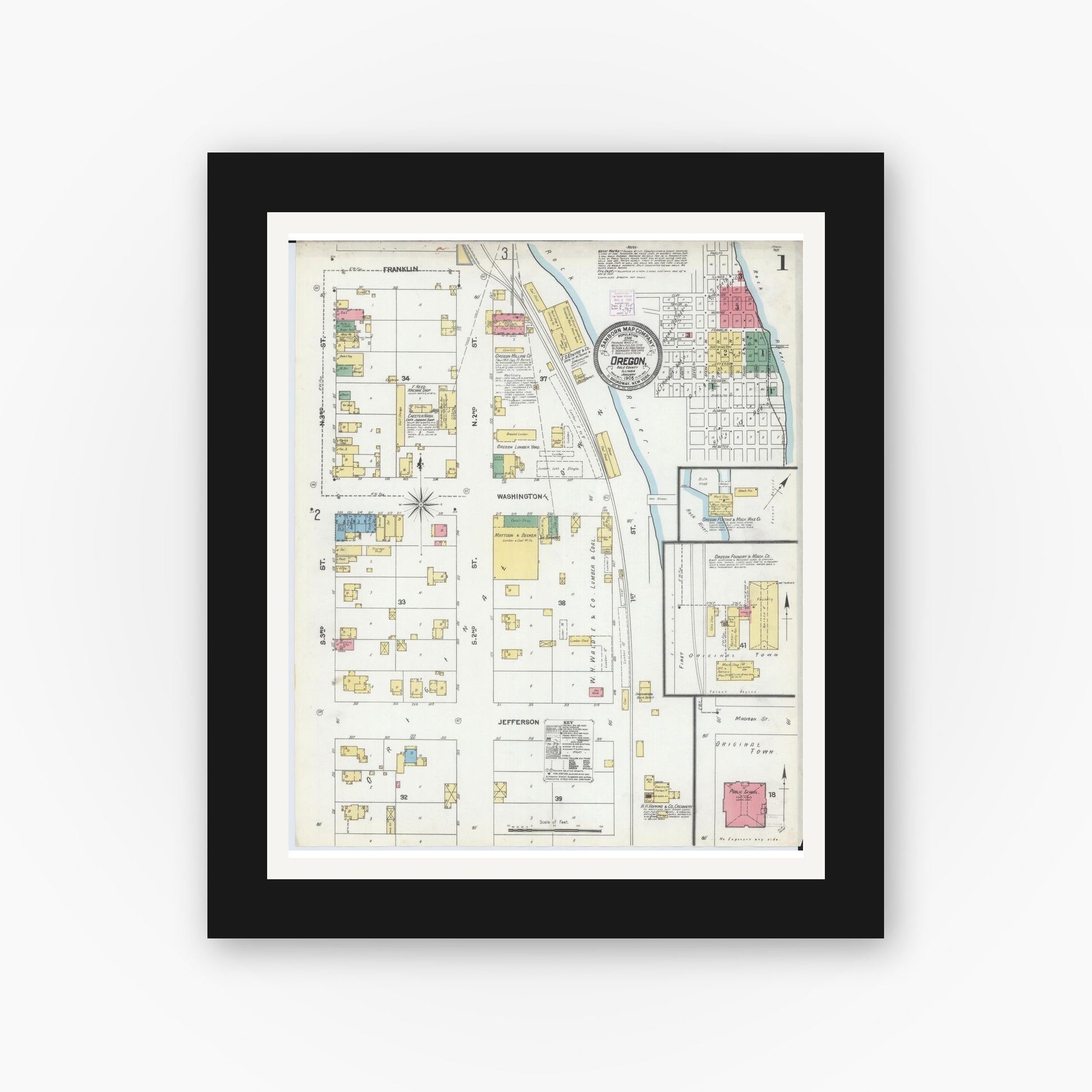 Old map wall art mockup — black gallery frame with white mat — Sanborn Fire Insurance Map from Oregon, Ogle County, Illinois (1905), Sheet #0001