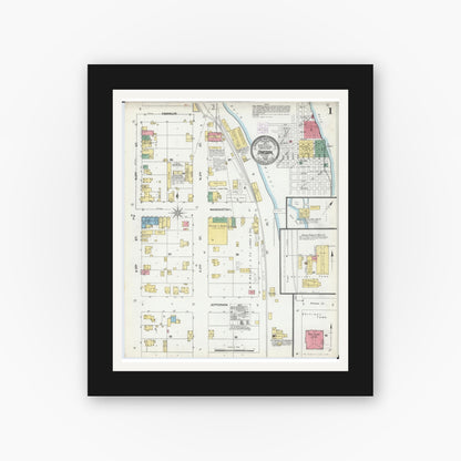 Old map wall art mockup — black gallery frame with white mat — Sanborn Fire Insurance Map from Oregon, Ogle County, Illinois (1905), Sheet #0001