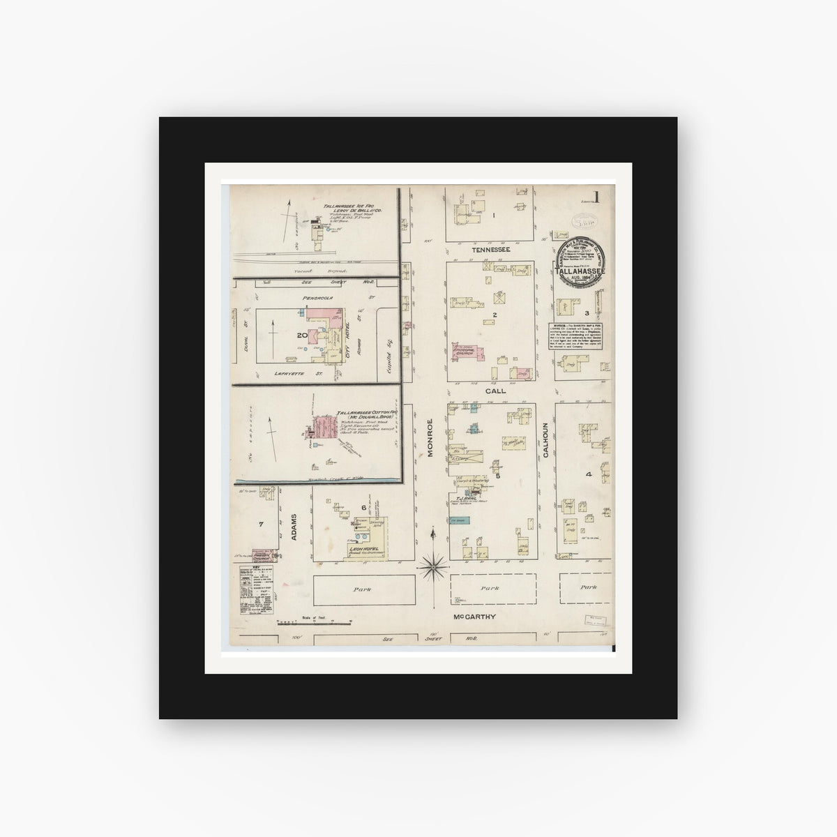 Old map wall art mockup — black gallery frame with white mat — Sanborn Fire Insurance Map from Tallahassee, Leon County, Florida (1884) - Complete Map Set