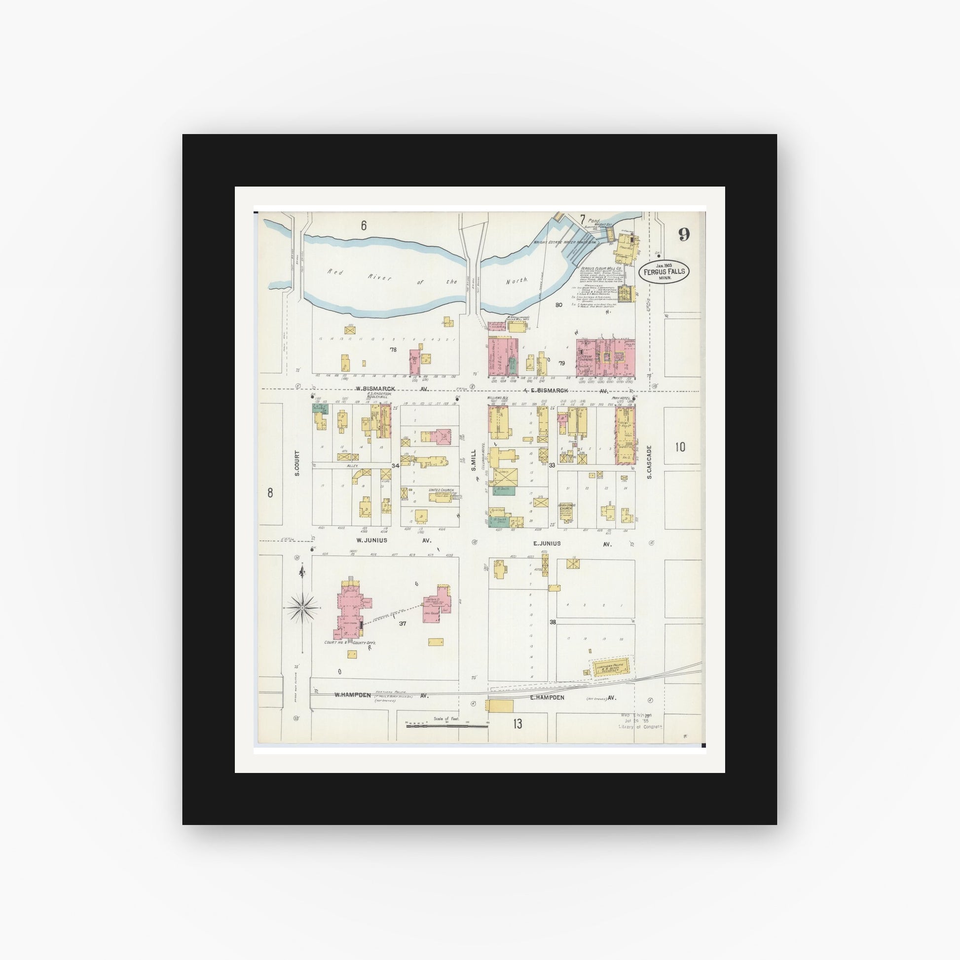 Old map wall art mockup — black gallery frame with white mat — Sanborn Fire Insurance Map from Fergus Falls, Otter Tail County, Minnesota (1903), Sheet #0009