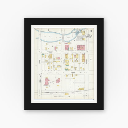 Old map wall art mockup — black gallery frame with white mat — Sanborn Fire Insurance Map from Fergus Falls, Otter Tail County, Minnesota (1903), Sheet #0009