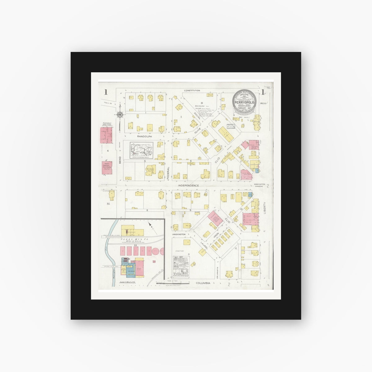 Old map wall art mockup — black gallery frame with white mat — Sanborn Fire Insurance Map from Perryopolis, Fayette County, Pennsylvania (1927) - Complete Map Set
