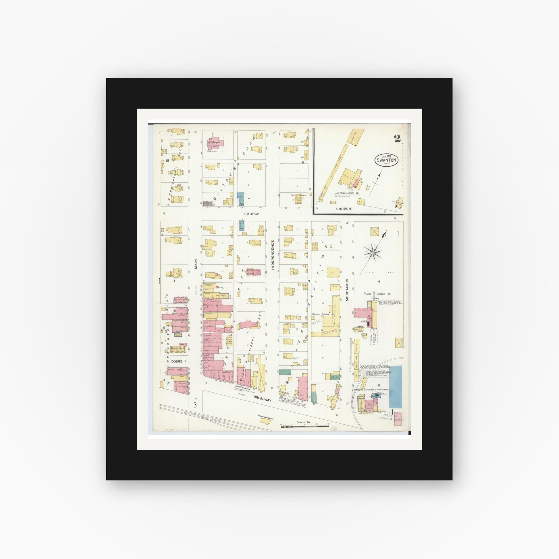 Old map wall art mockup — black gallery frame with white mat — Sanborn Fire Insurance Map from Swanton, Fulton County, Ohio (1908), Sheet #0002