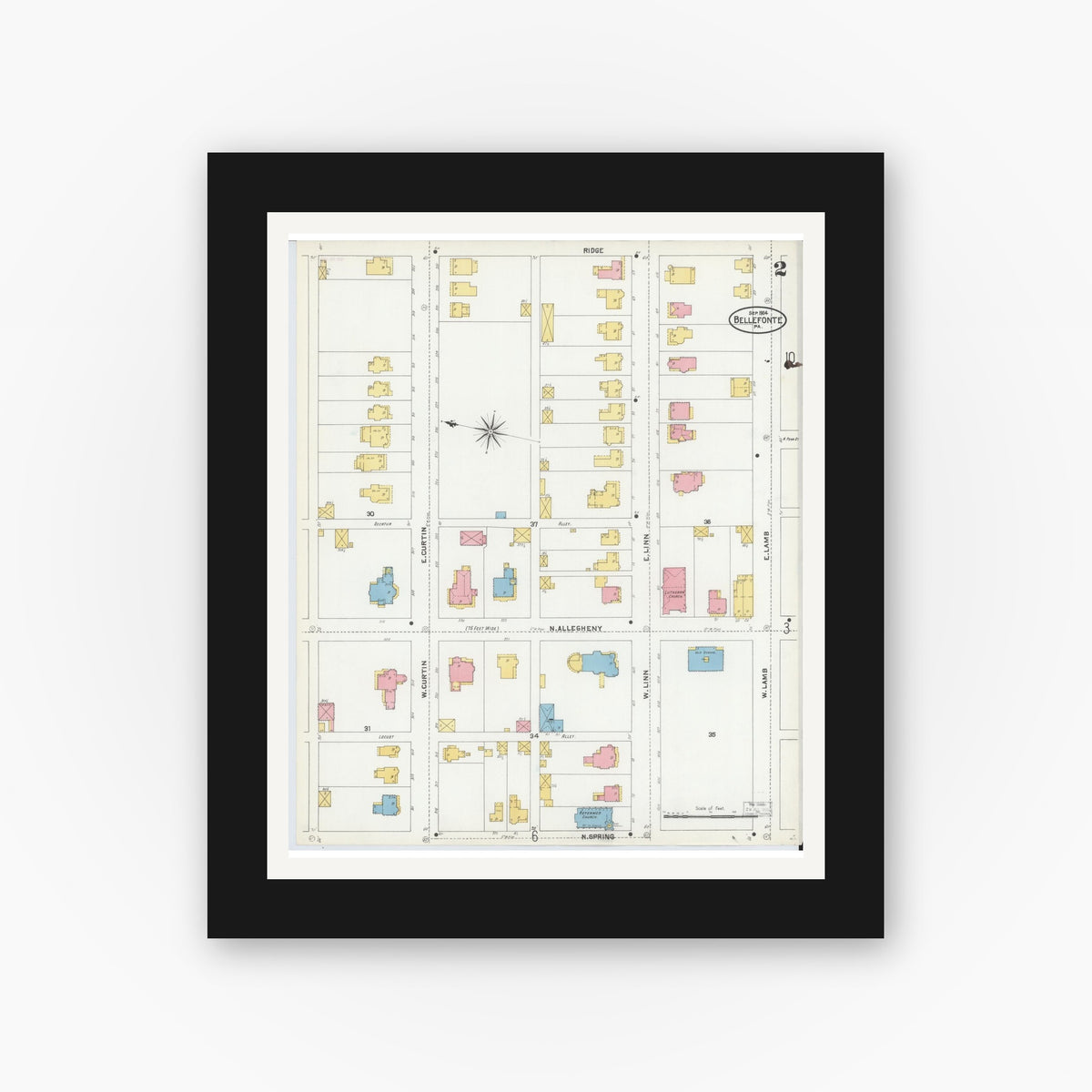 Old map wall art mockup — black gallery frame with white mat — Sanborn Fire Insurance Map from Bellefonte, Centre County, Pennsylvania (1904), Sheet #0002