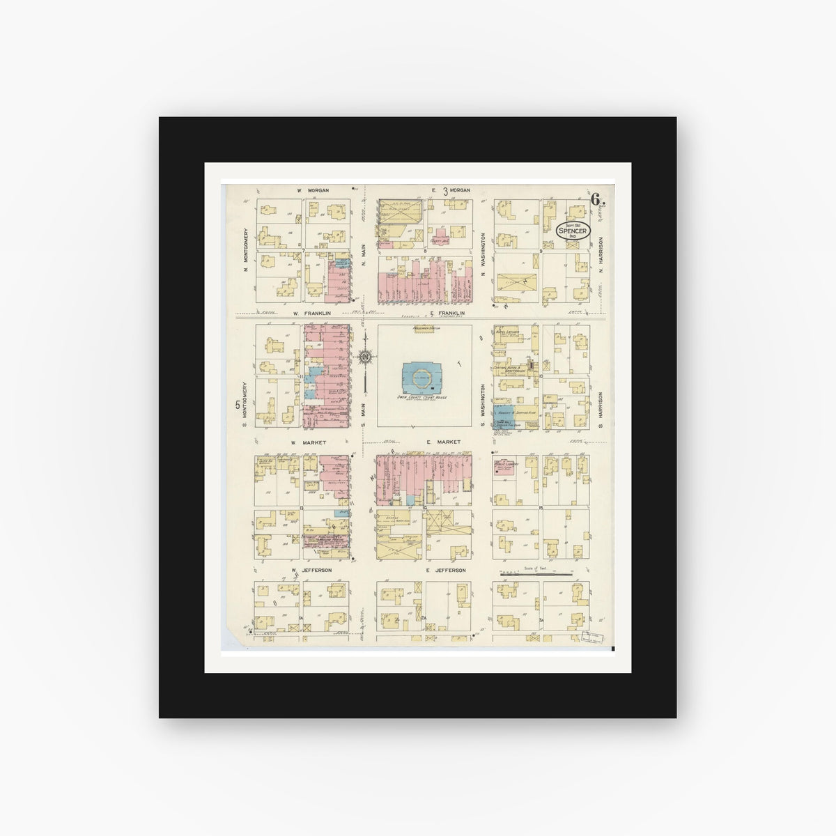 Old map wall art mockup — black gallery frame with white mat — Sanborn Fire Insurance Map from Spencer, Owen County, Indiana (1912), Sheet #0006