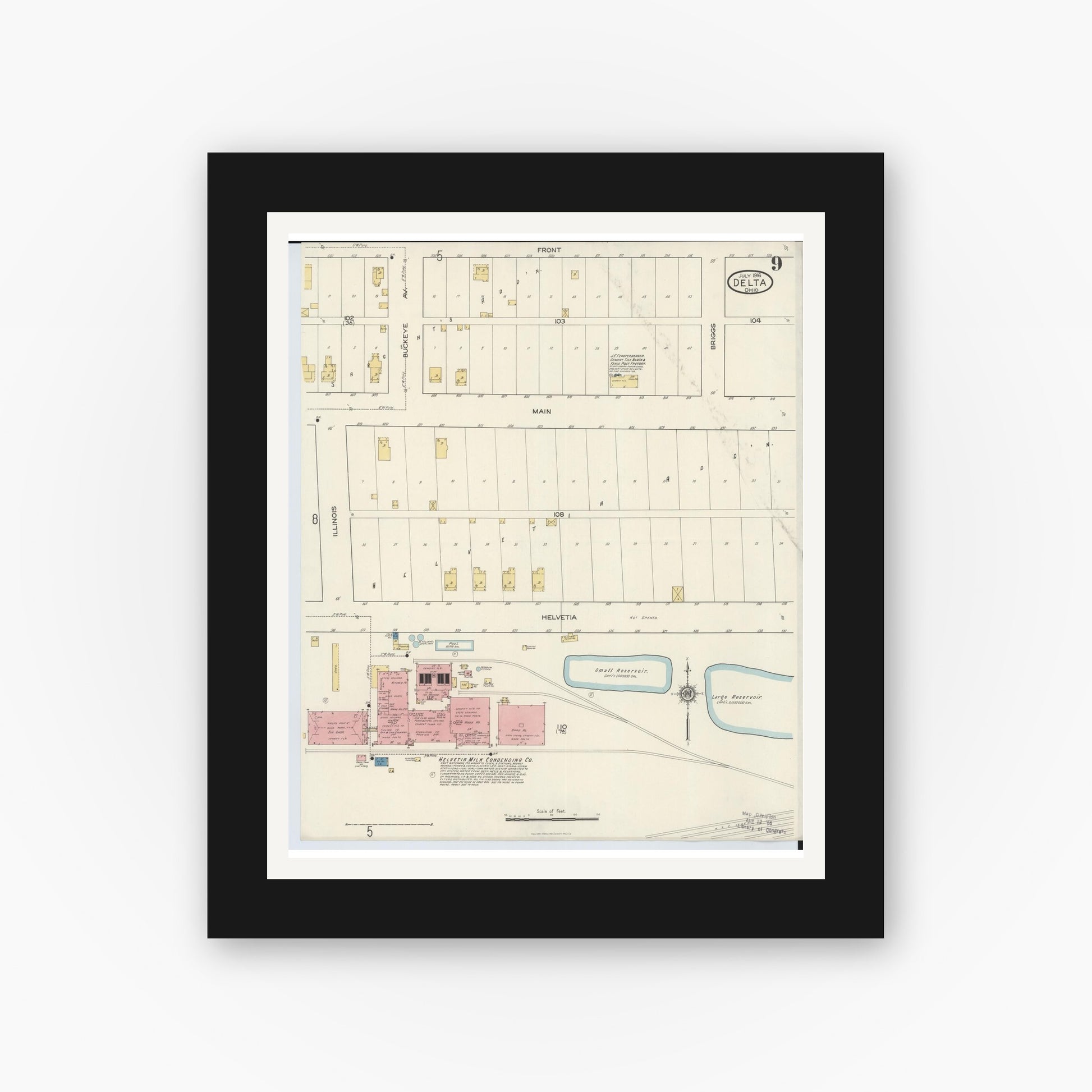 Old map wall art mockup — black gallery frame with white mat — Sanborn Fire Insurance Map from Delta, Fulton County, Ohio (1916), Sheet #0009