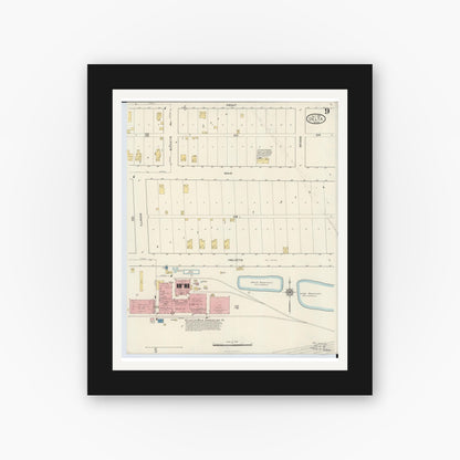 Old map wall art mockup — black gallery frame with white mat — Sanborn Fire Insurance Map from Delta, Fulton County, Ohio (1916), Sheet #0009