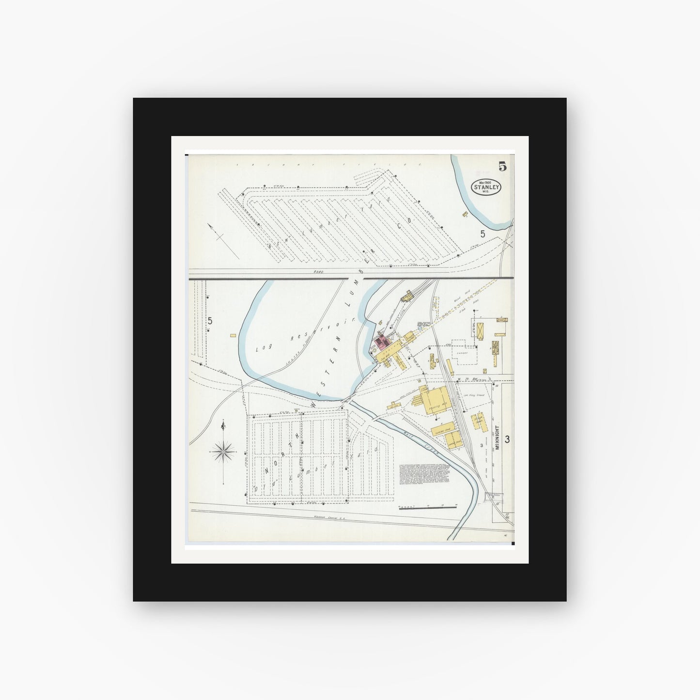 Old map wall art mockup — black gallery frame with white mat — Sanborn Fire Insurance Map from Stanley, Chippewa County, Wisconsin (1900), Sheet #0005