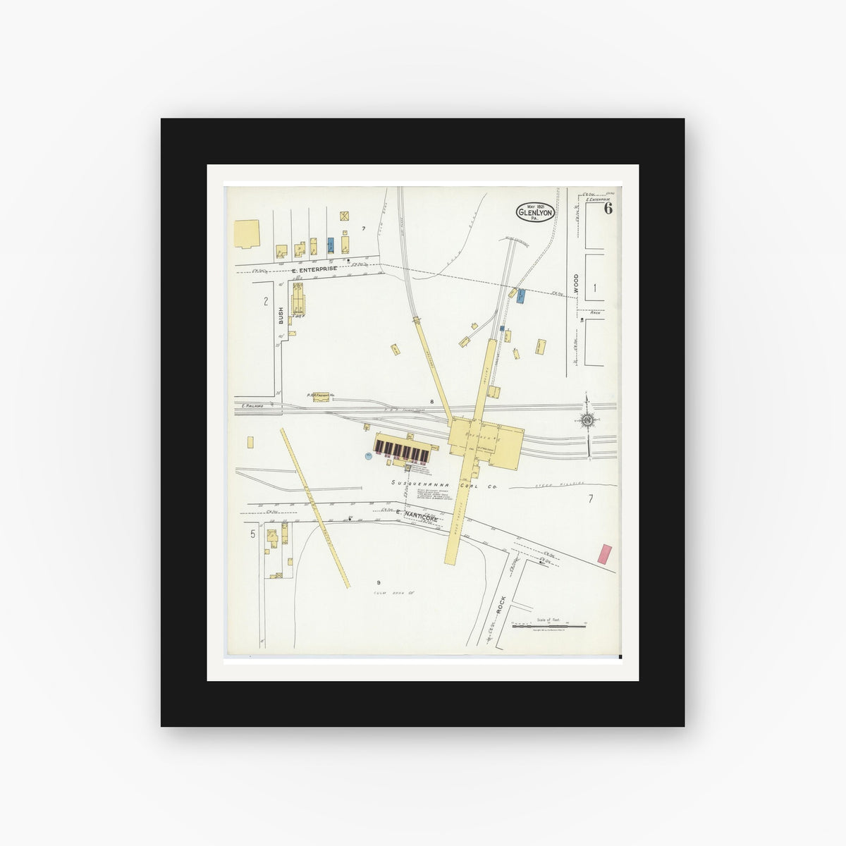 Old map wall art mockup — black gallery frame with white mat — Sanborn Fire Insurance Map from Glen Lyon, Luzerne County, Pennsylvania (1921), Sheet #0006