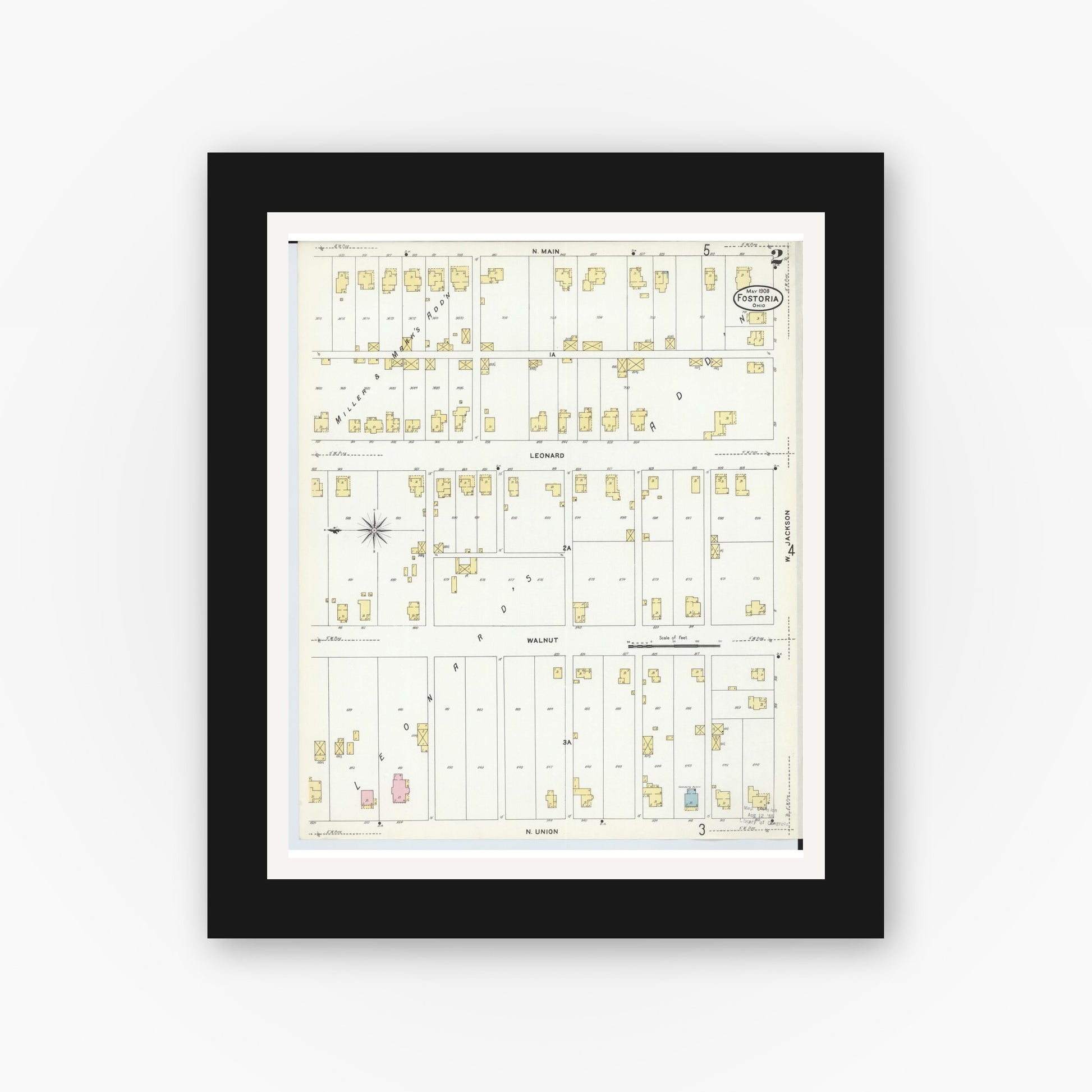 Old map wall art mockup — black gallery frame with white mat — Sanborn Fire Insurance Map from Fostoria, Seneca, Hancock, And Wood Counties, Ohio (1908), Sheet #0002