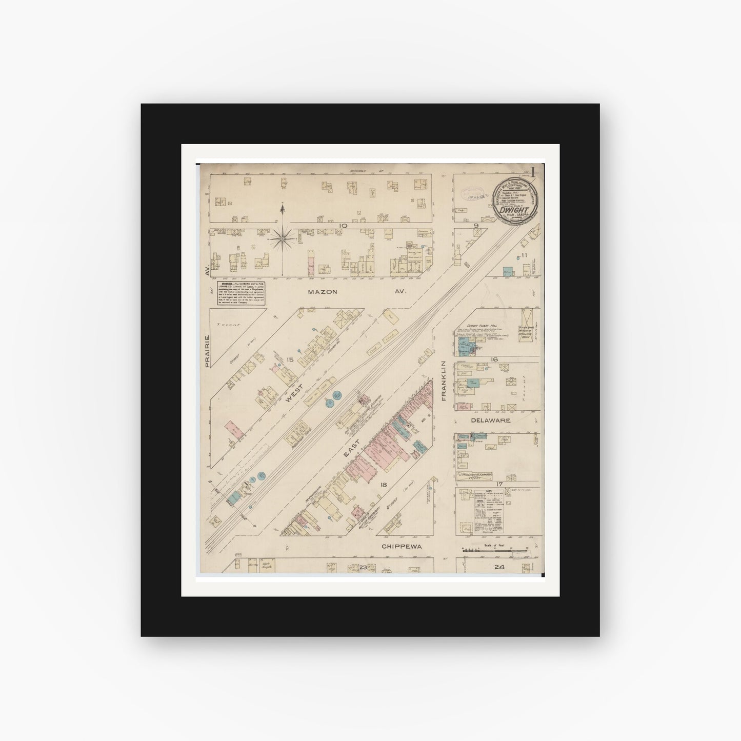 Old map wall art mockup — black gallery frame with white mat — Sanborn Fire Insurance Map from Dwight, Livingston County, Illinois (1885), Sheet #0001