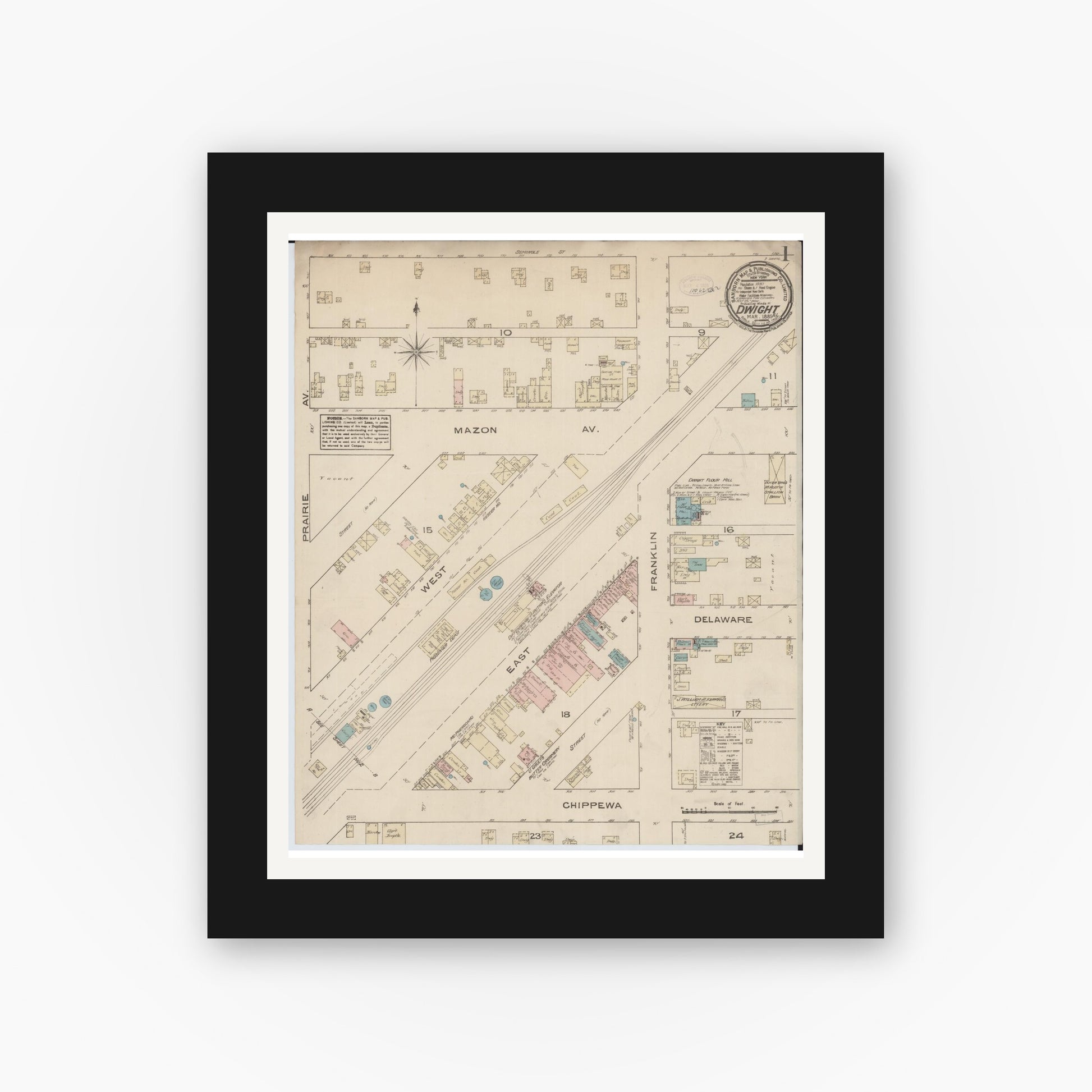 Old map wall art mockup — black gallery frame with white mat — Sanborn Fire Insurance Map from Dwight, Livingston County, Illinois (1885), Sheet #0001