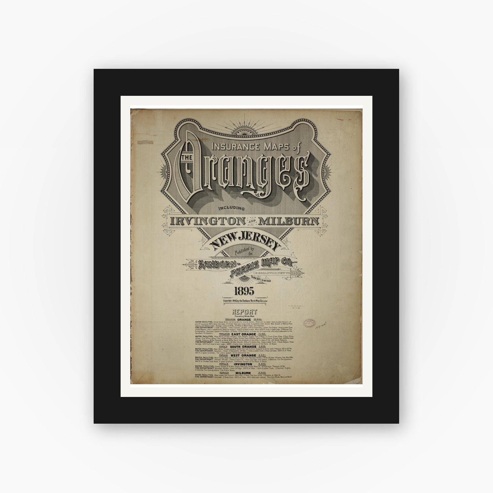 Old map wall art mockup — black gallery frame with white mat — Sanborn Fire Insurance Map from Orange, Essex County, New Jersey (1895), Sheet #0001