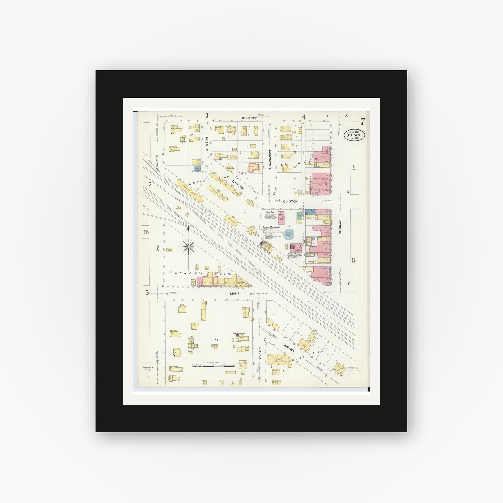 Old map wall art mockup — black gallery frame with white mat — Sanborn Fire Insurance Map from Durand, Shiawassee County, Michigan (1908), Sheet #0007