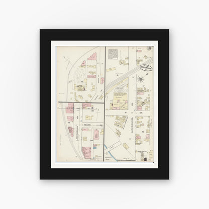 Old map wall art mockup — black gallery frame with white mat — Sanborn Fire Insurance Map from Scranton, Lackawanna County, Pennsylvania (1884), Sheet #0015