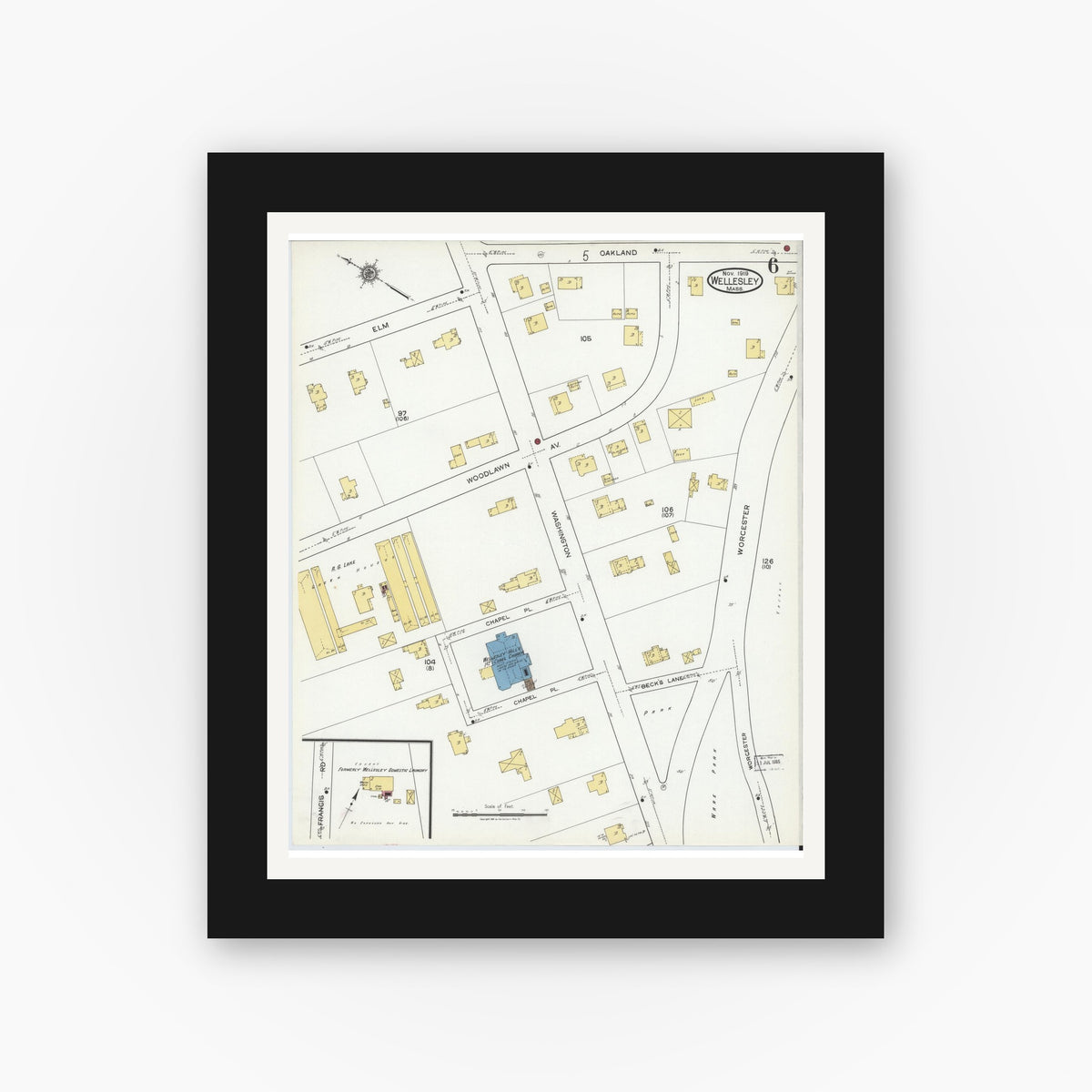 Old map wall art mockup — black gallery frame with white mat — Sanborn Fire Insurance Map from Wellesley, Norfolk County, Massachusetts (1919), Sheet #0006