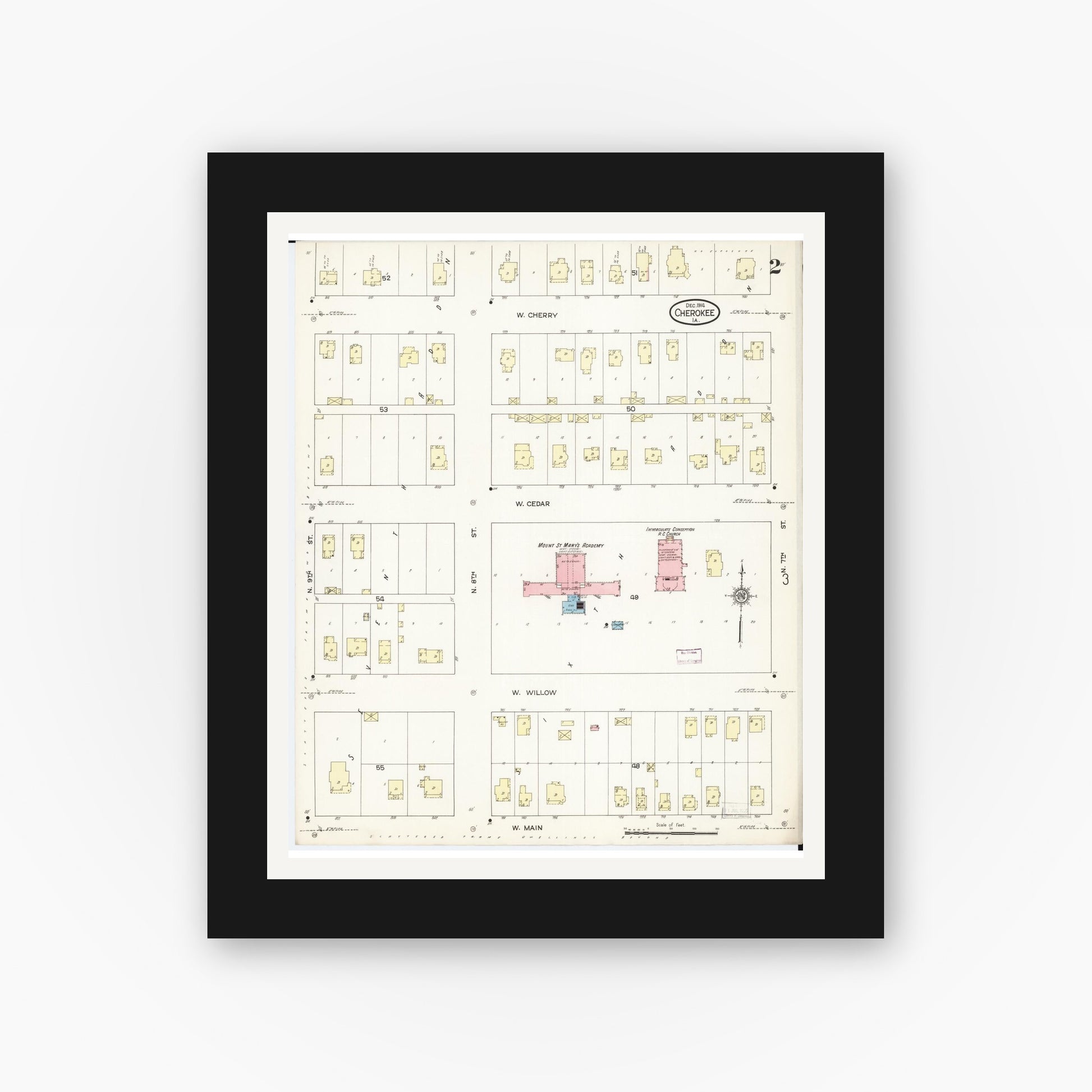Old map wall art mockup — black gallery frame with white mat — Sanborn Fire Insurance Map from Cherokee, Cherokee County, Iowa (1914), Sheet #0002