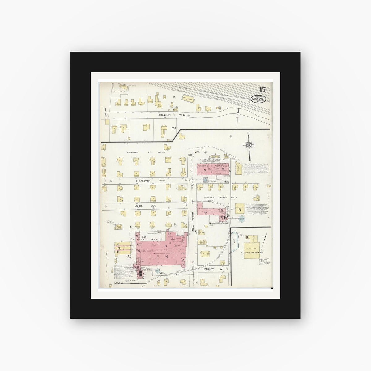 Old map wall art mockup — black gallery frame with white mat — Sanborn Fire Insurance Map from Monroe, Union County, North Carolina (1914), Sheet #0017