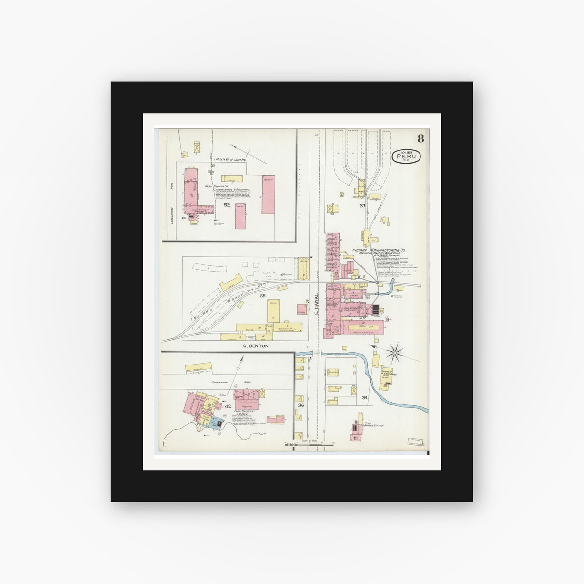 Old map wall art mockup — black gallery frame with white mat — Sanborn Fire Insurance Map from Peru, Miami County, Indiana (1893), Sheet #0008
