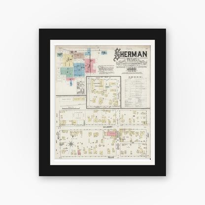 Old map wall art mockup — black gallery frame with white mat — Sanborn Fire Insurance Map from Sherman, Grayson County, Texas (1888) - Complete Map Set