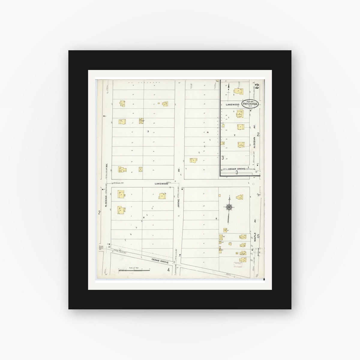 Old map wall art mockup — black gallery frame with white mat — Sanborn Fire Insurance Map from Patchogue, Suffolk County, New York (1910) - Complete Map Set