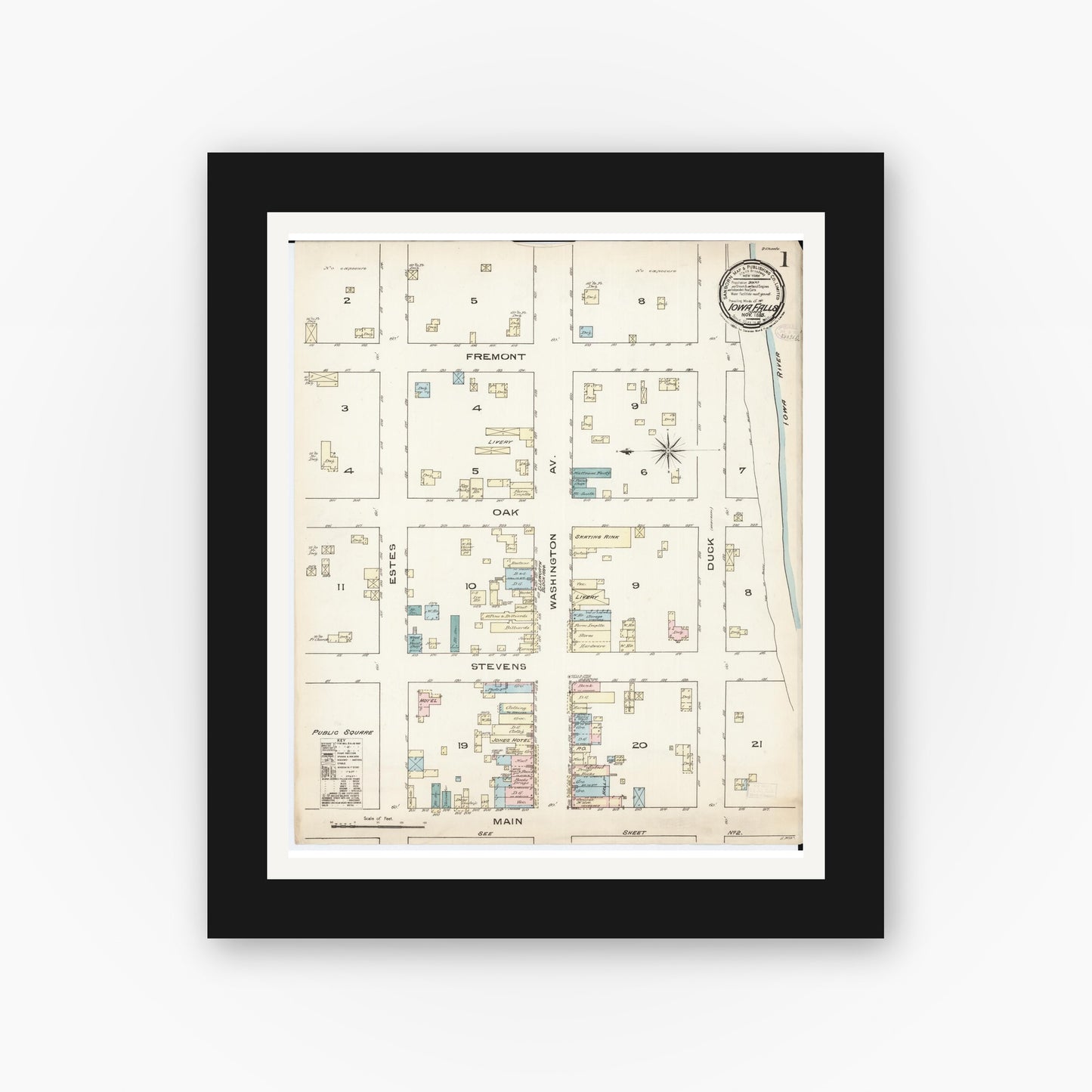 Old map wall art mockup — black gallery frame with white mat — Sanborn Fire Insurance Map from Iowa Falls, Hardin County, Iowa (1885) â€” Complete Set