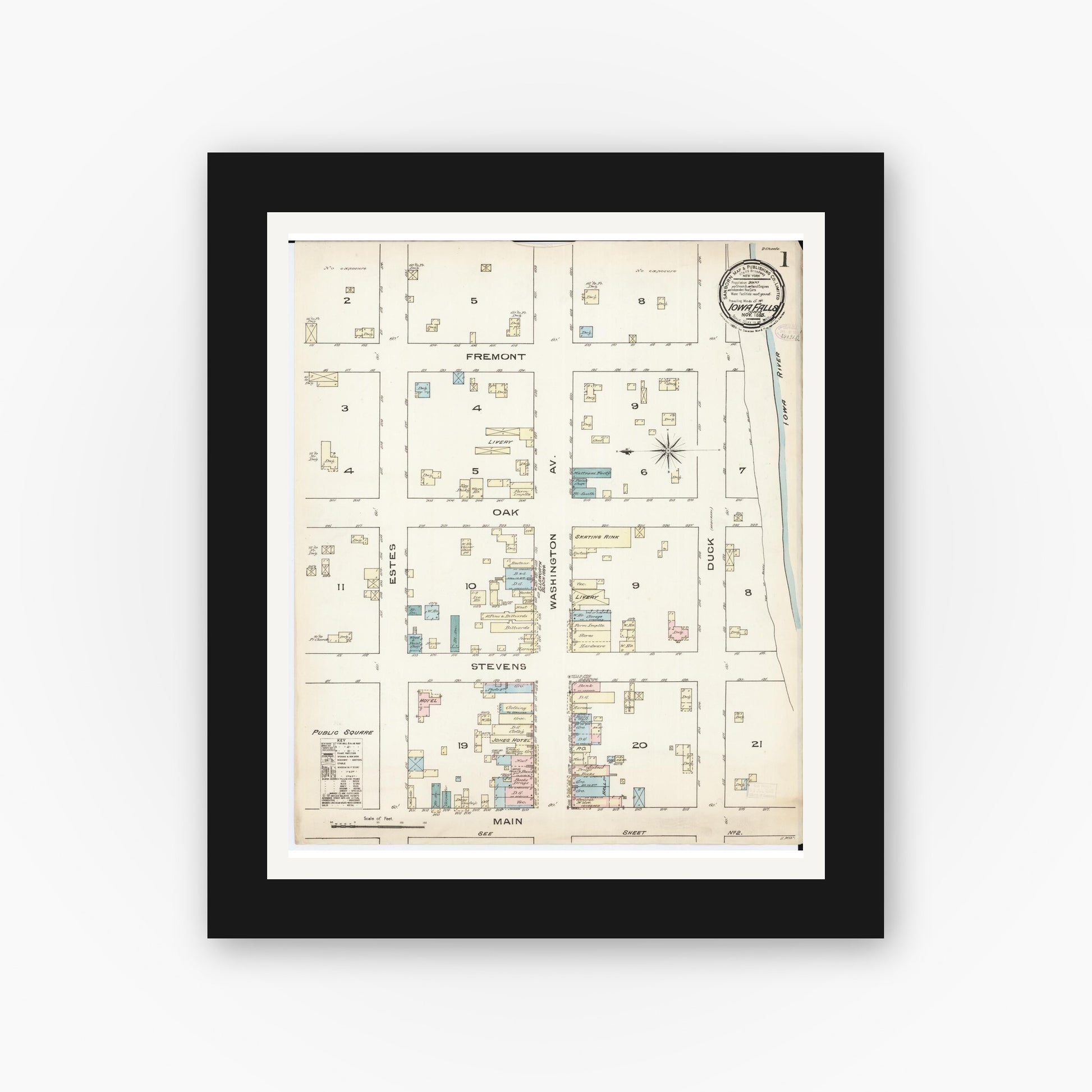 Old map wall art mockup — black gallery frame with white mat — Sanborn Fire Insurance Map from Iowa Falls, Hardin County, Iowa (1885) â€” Complete Set