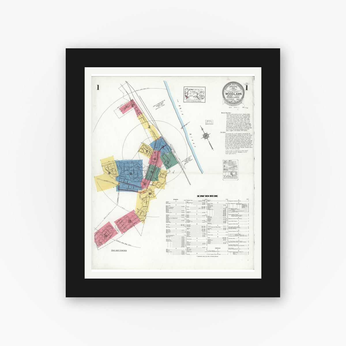 Old map wall art mockup — black gallery frame with white mat — Sanborn Fire Insurance Map from Woodlawn, Beaver County, Pennsylvania (1923) - Complete Map Set