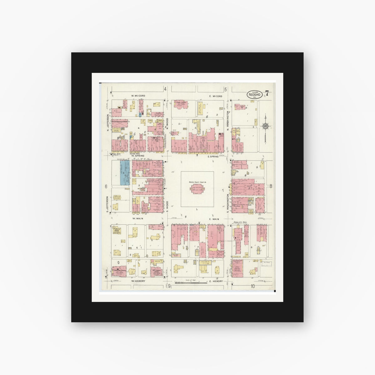 Old map wall art mockup — black gallery frame with white mat — Sanborn Fire Insurance Map from Neosho, Newton County, Missouri (1916), Sheet #0007