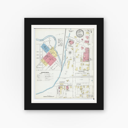Old map wall art mockup — black gallery frame with white mat — Sanborn Fire Insurance Map from Elmore, Ottawa County, Ohio (1893), Sheet #0001