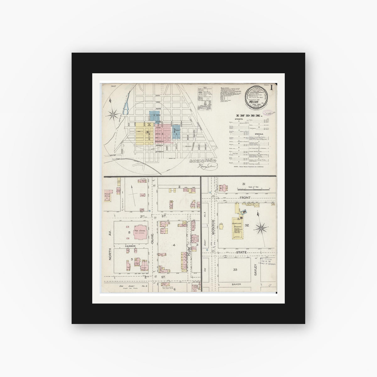 Old map wall art mockup — black gallery frame with white mat — Sanborn Fire Insurance Map from Media, Delaware County, Pennsylvania (1887), Sheet #0001