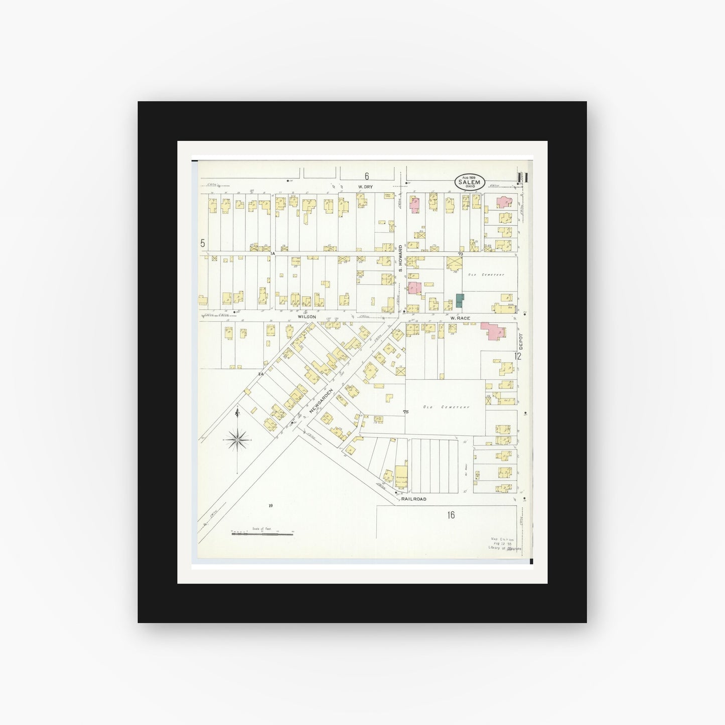 Old map wall art mockup — black gallery frame with white mat — Sanborn Fire Insurance Map from Salem, Columbiana County, Ohio (1909), Sheet #0011