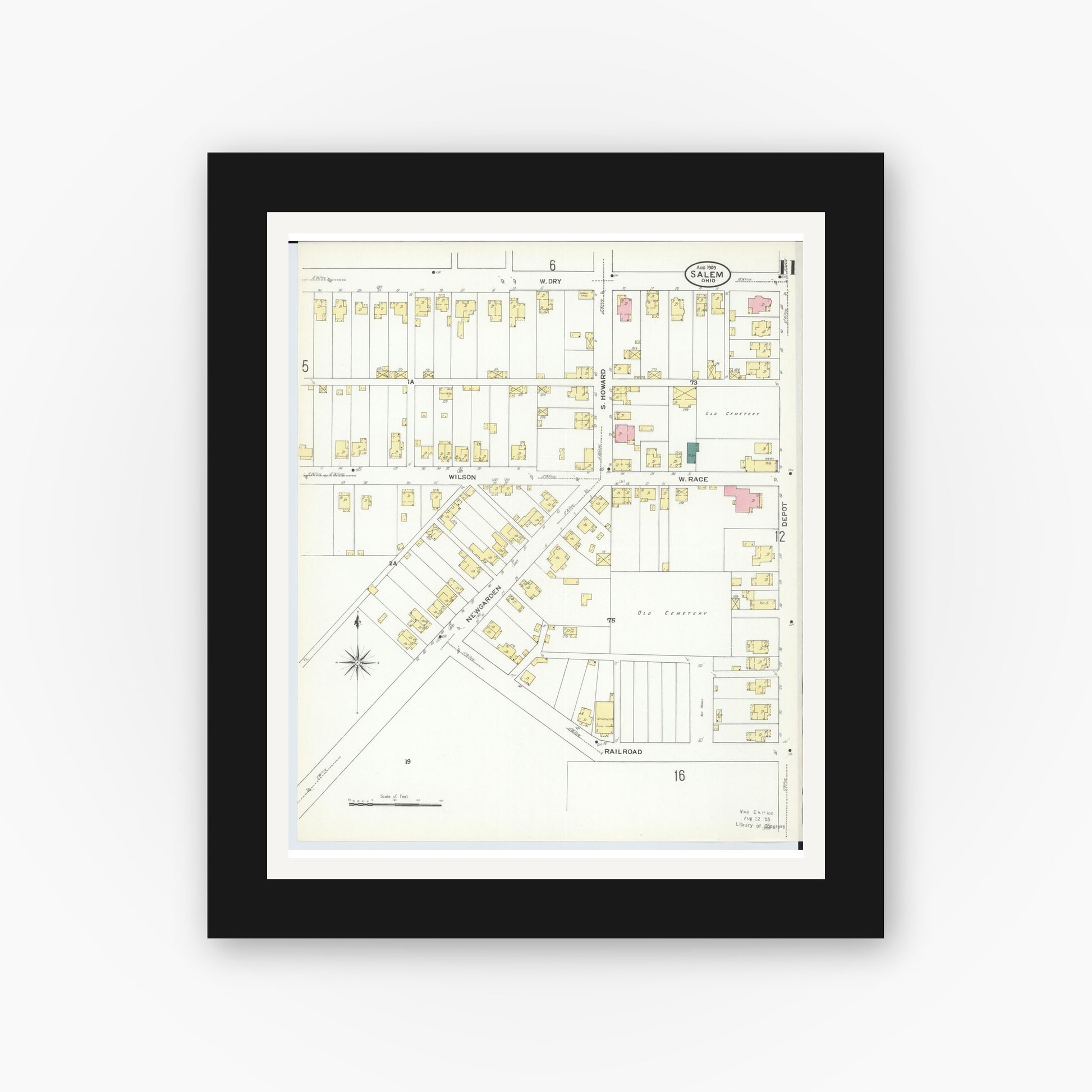 Old map wall art mockup — black gallery frame with white mat — Sanborn Fire Insurance Map from Salem, Columbiana County, Ohio (1909), Sheet #0011