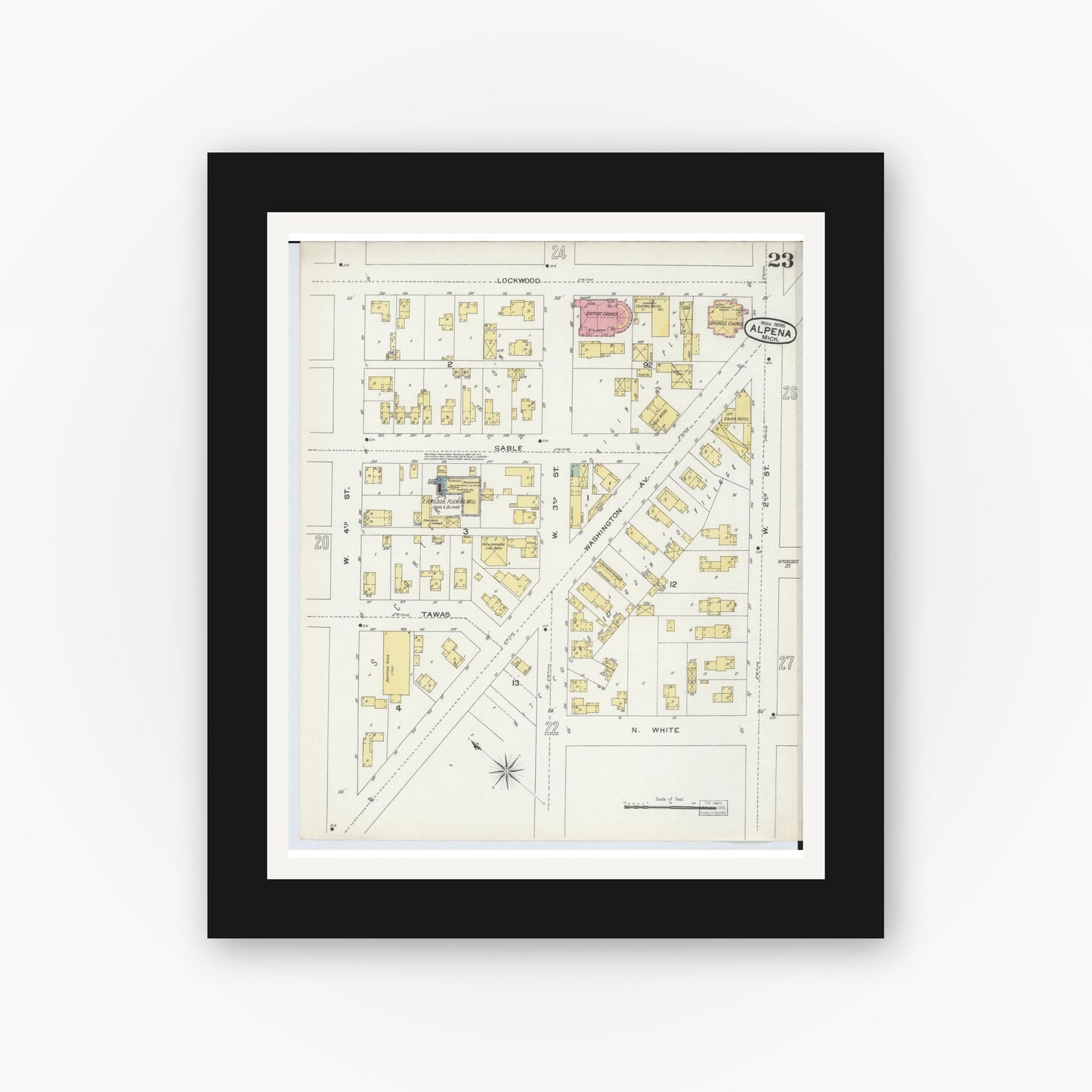 Old map wall art mockup — black gallery frame with white mat — Sanborn Fire Insurance Map from Alpena, Alpena County, Michigan (1895), Sheet #0023