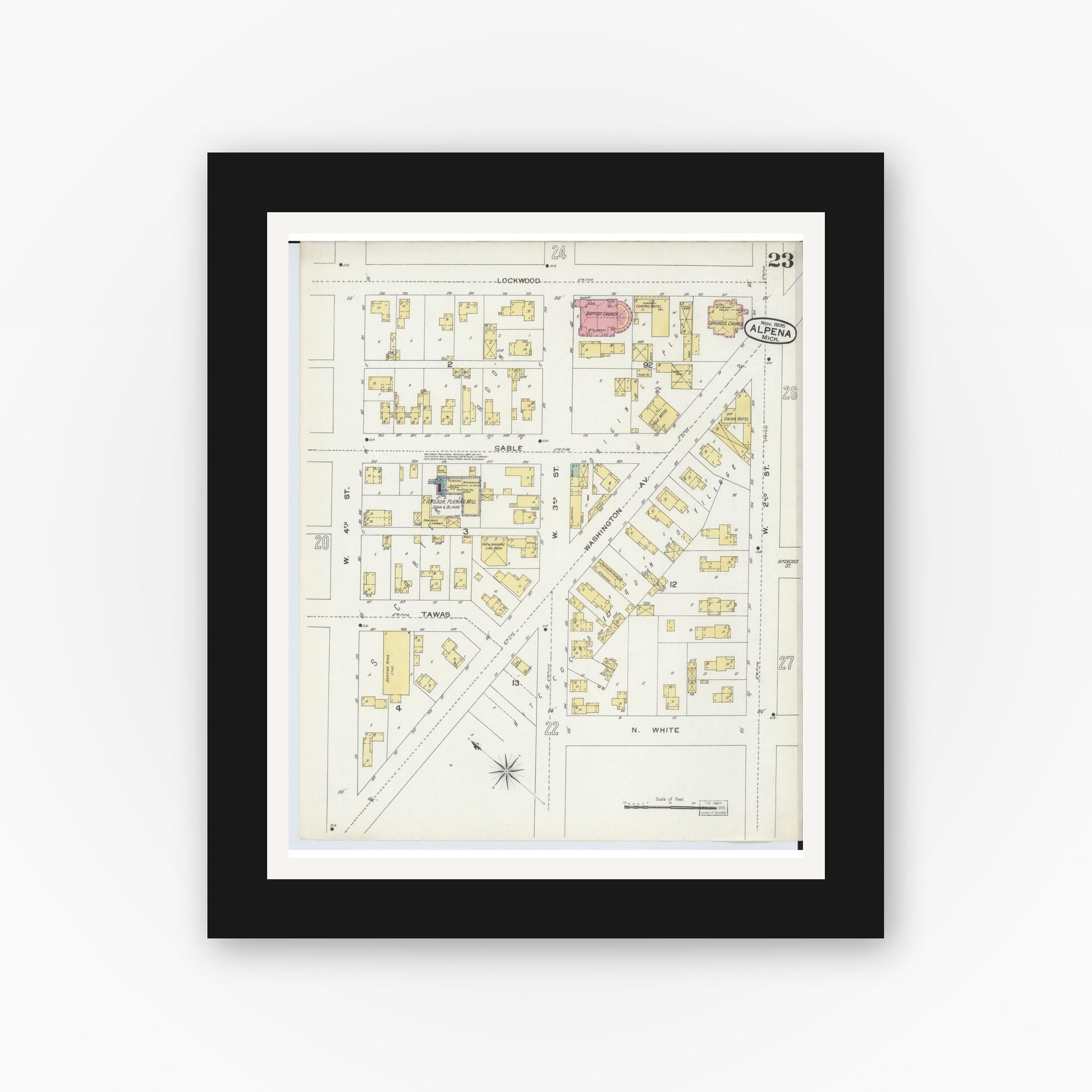 Old map wall art mockup — black gallery frame with white mat — Sanborn Fire Insurance Map from Alpena, Alpena County, Michigan (1895), Sheet #0023