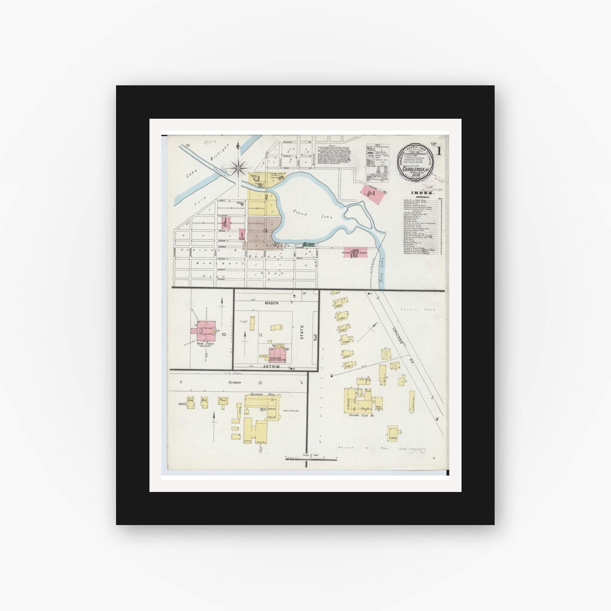 Old map wall art mockup — black gallery frame with white mat — Sanborn Fire Insurance Map from Charlevoix, Charlevoix County, Michigan (1896), Sheet #0001