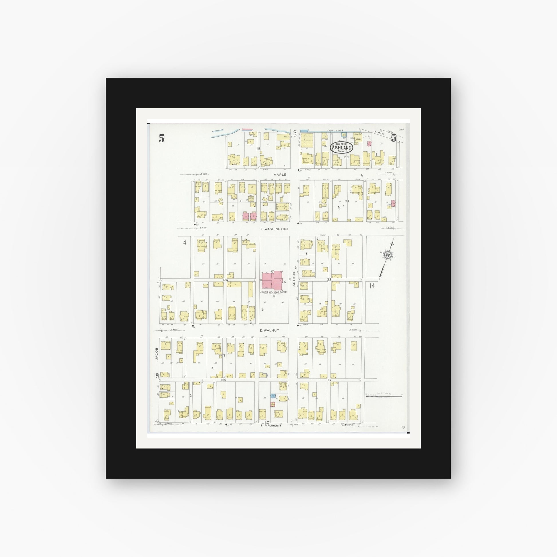 Old map wall art mockup — black gallery frame with white mat — Sanborn Fire Insurance Map from Ashland, Ashland County, Ohio (1930), Sheet #0005